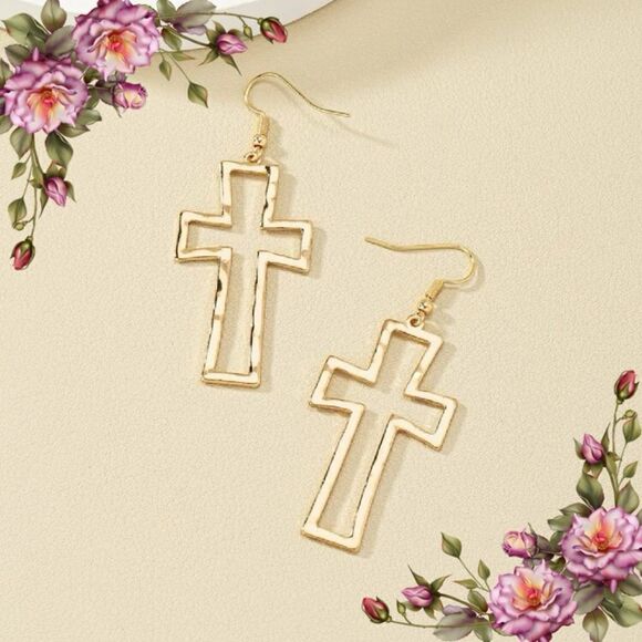 Hollow Out Cross Drop Zinc Alloy Earrings - Picture 1 of 9